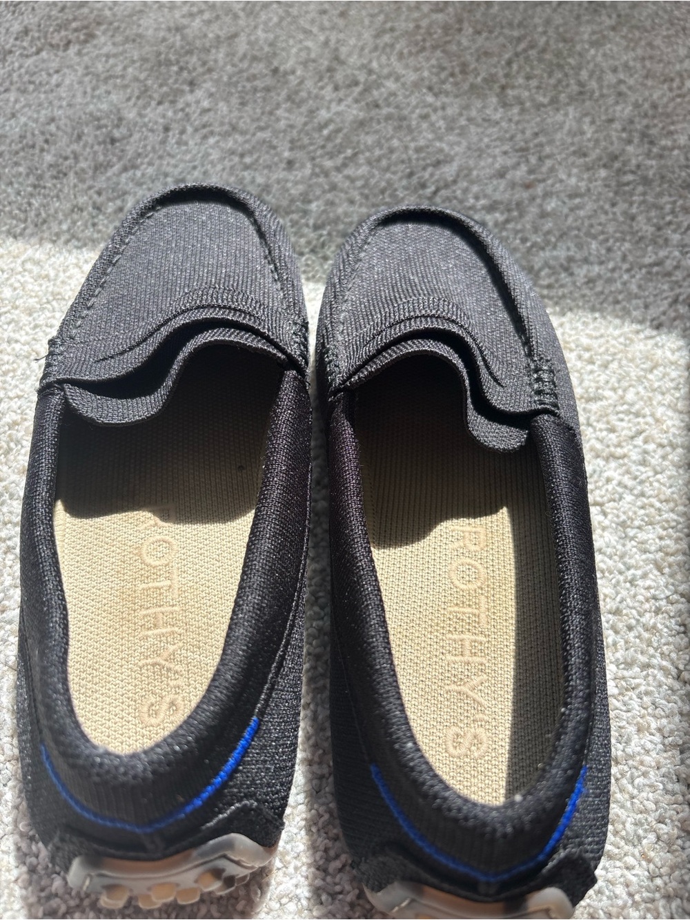 Rothy's Black Knit Slip-On Loafers with Blue Heel Accent